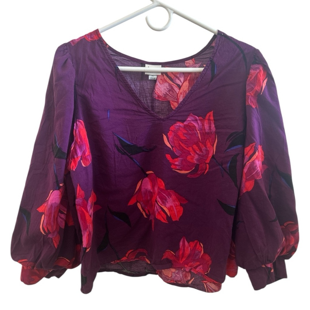 A New Day Purple Floral Puff Sleeve Blouse| Size XL